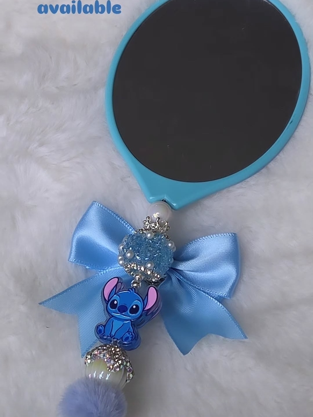 Blue Decorative Hand Mirroor Charm with Bow and Stitch Accent